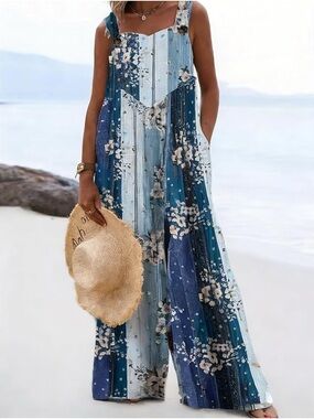 Blue Floral Patchwork Wide-Leg Jumpsuit